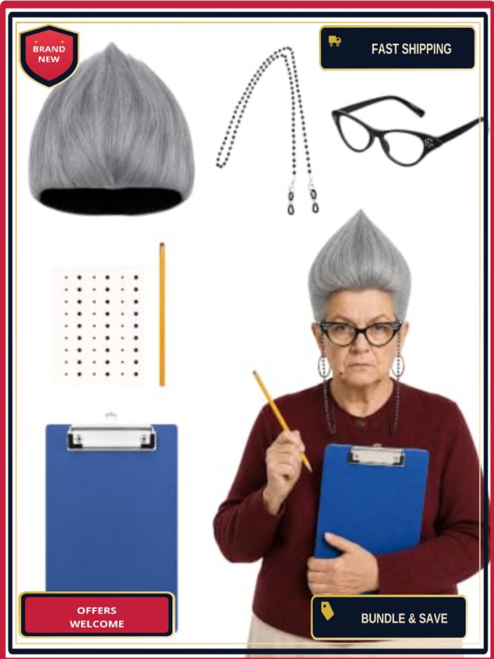 Halloween Monster Grey Wig Glasses Chain Pencil Set Cosplay
